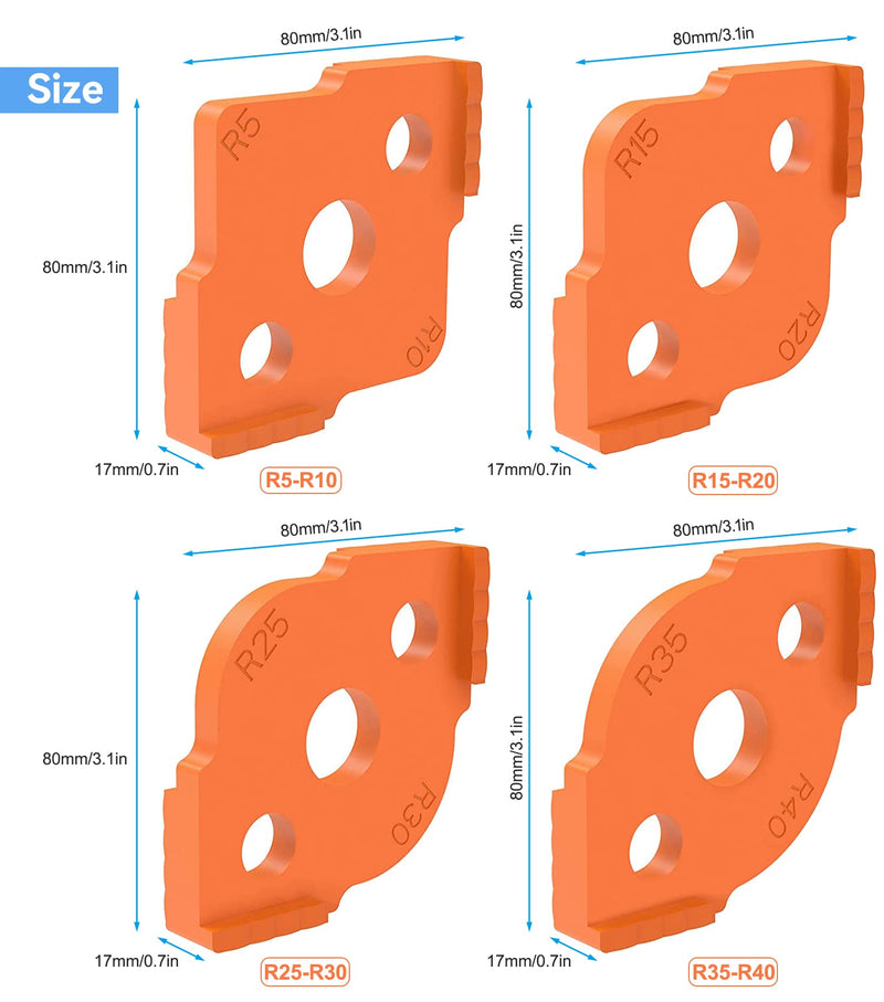 Set of 4 Router Templates for Router, Radius Jig Router Templates (R5-R40) | For even curves on wooden edges; radius gauge R5, R10, R15, R20, R25, R30, R35 and R40. Orange