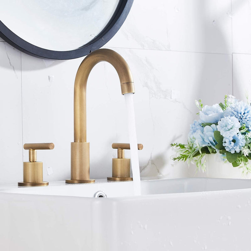 2-Handle Bathroom Faucet 3 Holes 360 Swivel Spout Antique Brass Widespread Bathroom Sink Faucet with Pop Up Drain Brass Antique