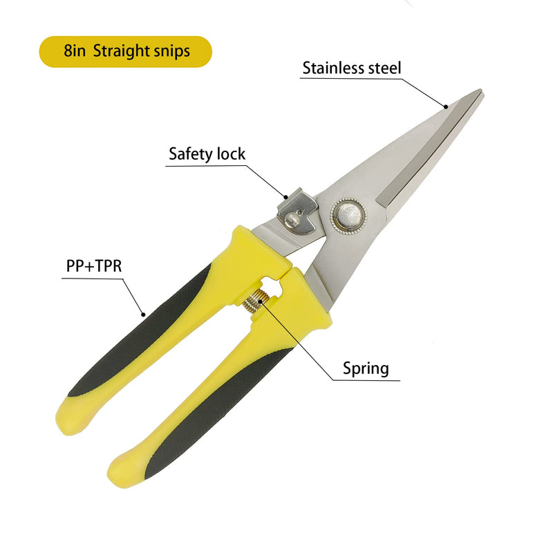 [Australia - AusPower] - Aviation Tin Snips 8 Inch Heavy Duty Metal Cutter, Straight Shears with Stainless Steel Blade & Comfort Grips, Multifunction Cutting of Branches, Cable Wires, Thin Iron, Cardboard etc.. 8 Inch Straight-Blade 
