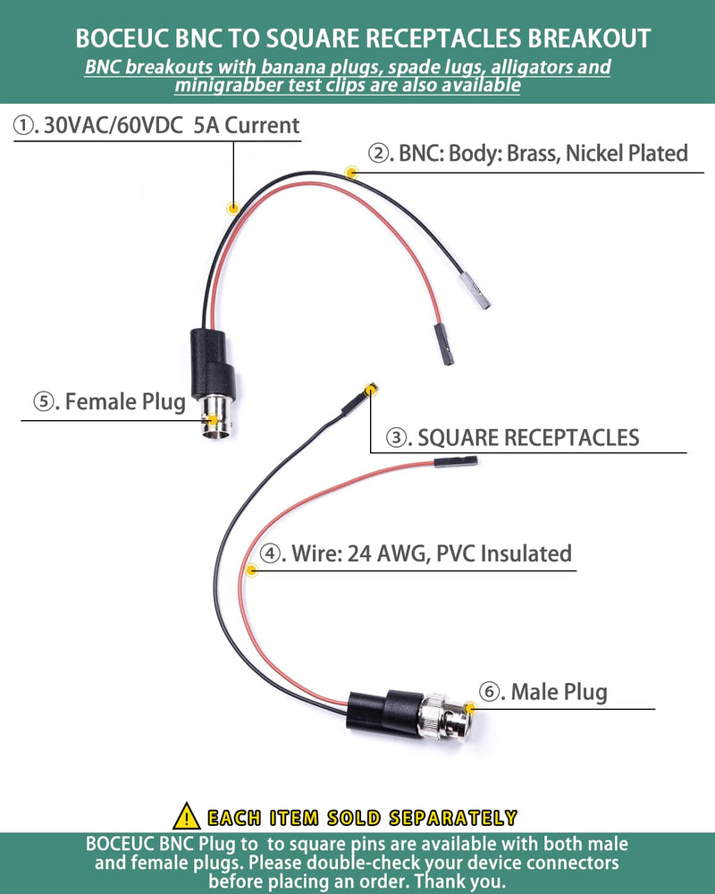 [Australia - AusPower] - BNC Test Leads, BNC to Square Pin Receptacles, Test Lead Breakout Cable for Multimeter, 5A Current Rating, 1 Pack Male Plug 