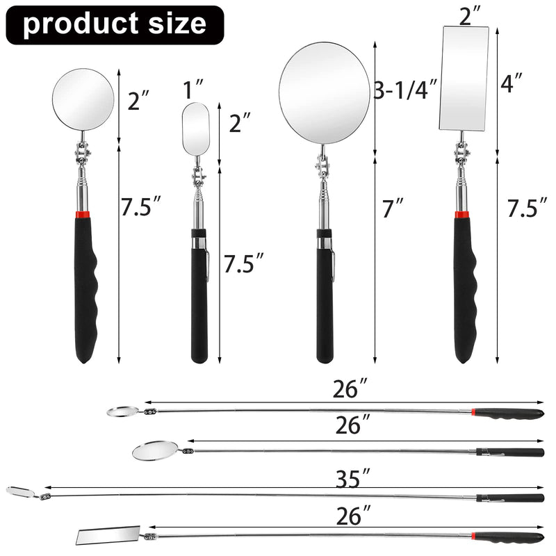 [Australia - AusPower] - Jucoan 4 Pack Telescoping Inspection Mirror, Flexible Inspection Mirror Round and Rectangular Adjustable Inspection Mirror for Observing Vehicle Small Details,Extends up to 25 Inch, 360 Swivel 