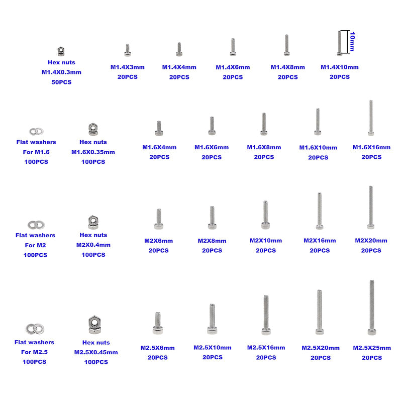 [Australia - AusPower] - Metric 1050PCS M1.4 M1.6 M2 M2.5 304 Stainless Steel Knurl Socket Head Cap Screws Hex Nuts Flat Washers Assortment Kit 