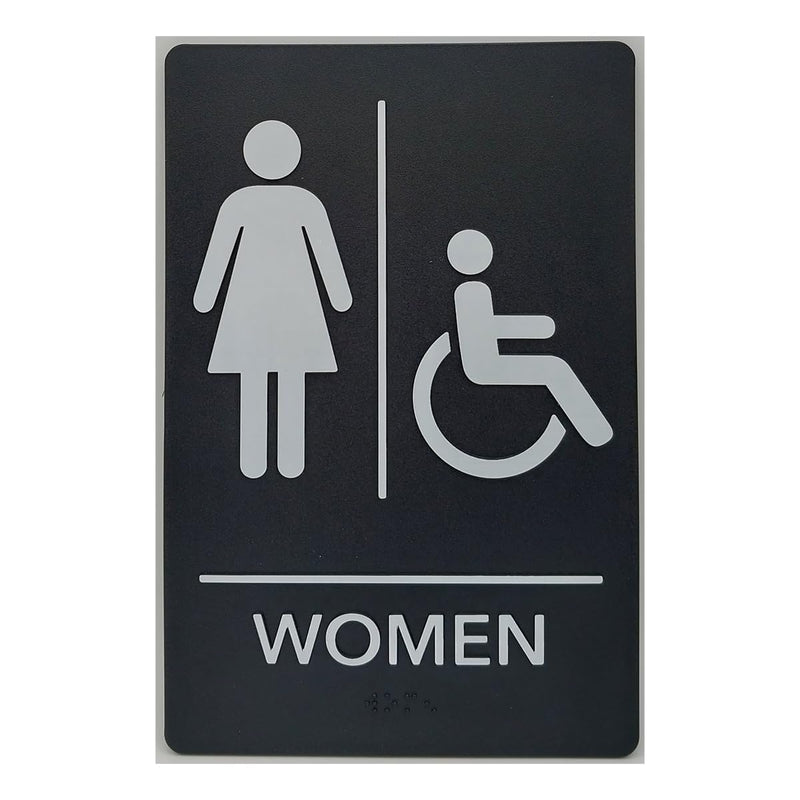 ADA Compliant, Women's Handicap Bathroom Sign, Raised Icons, & Grade 2 Braille - Includes Adhesive Strips for Easy Installation - 6" W x 9" H Made in the U.S.A. (Black, 6-Pack) Black
