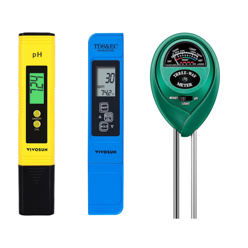 VIVOSUN Digital PH Meter, TDS and EC Pen for Water, Soil Moisture Tester for Hydroponics, Pool and Aquarium, Yellow Blue, UL Certified