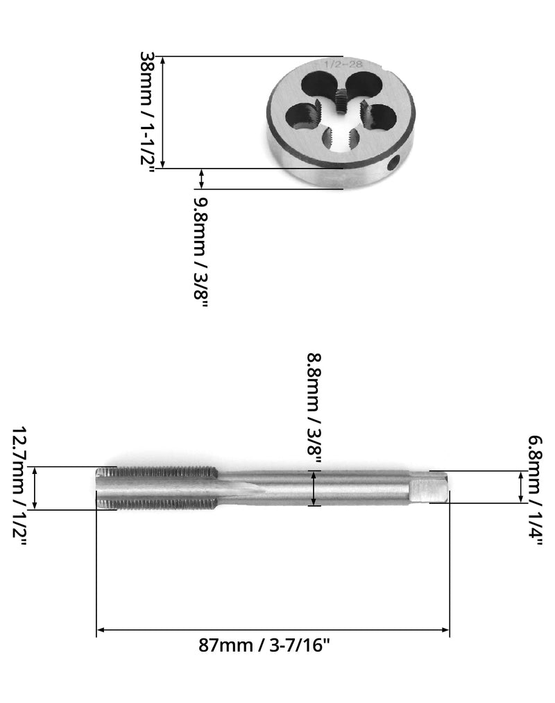 QWORK 1/2" - 28 Tap and Die Set, with Round Die 22LR 223 5.56 9mm, High Speed Steel Right Hand Thread Tap Tool 1/2-28 UNEF