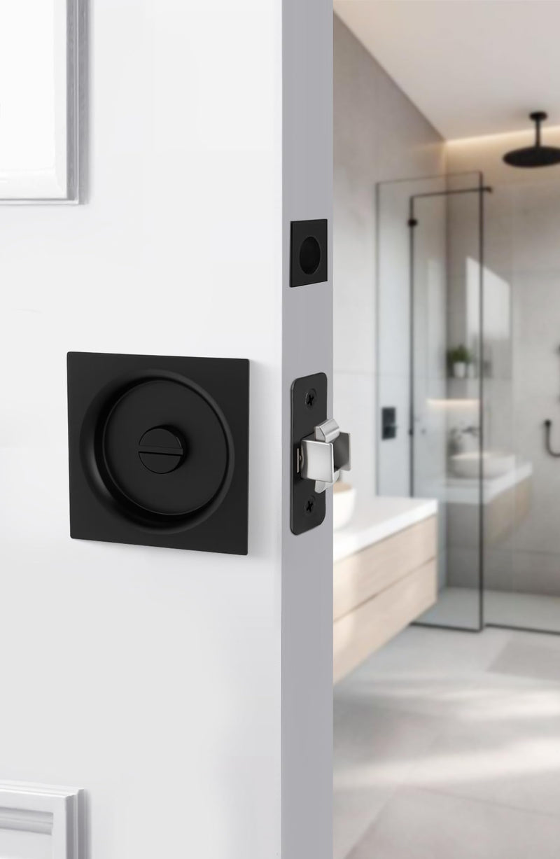 goldenwarm Matte Black Pocket Door Lock with Pull, Square Pocket Door Hardware 2-3/8" Backset, Black Pocket Door Handles 1 Pack 2-3/8” Latch