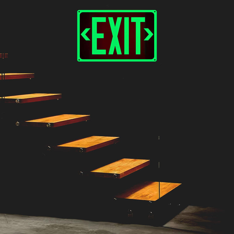 2Pack Photoluminescent Exit Sign Aluminum - 14x10 Inches Glow In Dark Exit Sign with Adhesive Backing - Removable Arrows Included - Non Electrical Red Exit Light For 50 Feet Visibility 14"X10"-2PACK