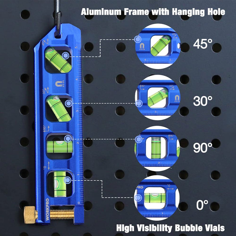 [Australia - AusPower] - WORKPRO Conduit Bending Level, Magnetic Torpedo Level, Pipe Level, Bubble Vials for 0°/90°/30°/45° Measurements, Aluminum Alloy Construction, 6.3-inch, Cobalt Blue 6.3inches 