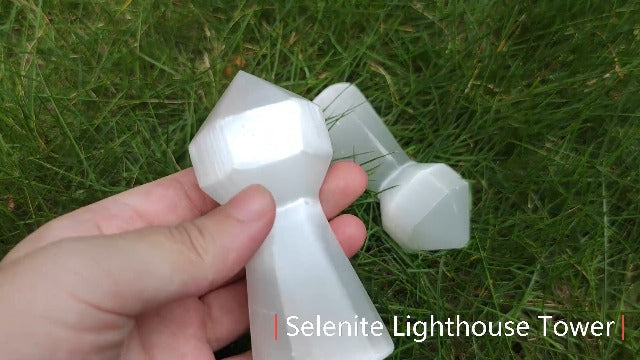 AMOYSTONE Selenite Crystal Tower Natural Crystal Lighthouse Shaped 6 Faceted Reiki Healing Chakra Selenite Sticks 3.9" 2PCS Rf149-lighthouse