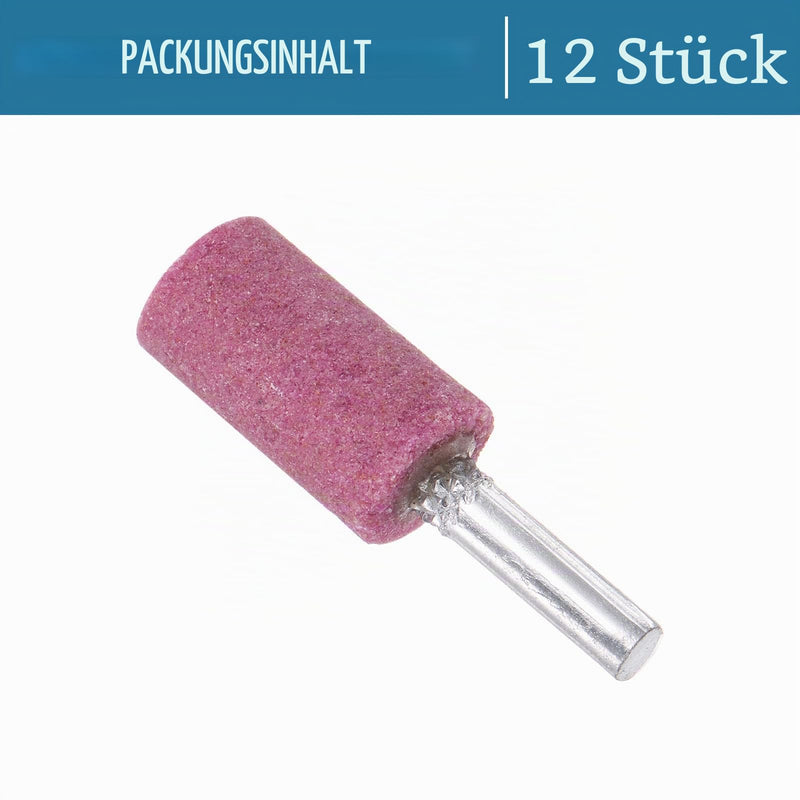 Quartzman 12 Pieces 6 mm Shaft 16 mm Diameter Grinding Stones Mounted Pink | Cylinder shape whetstone for grinding and polishing
