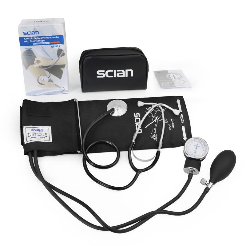 [Australia - AusPower] - Scian Manual Blood Pressure Cuff with Stethoscope – Professional Aneroid Sphygmomanometer with Adult Cuff 8.7”-16.5”& D-Ring, Classic Bp kit with Carrying Bag (Black) 