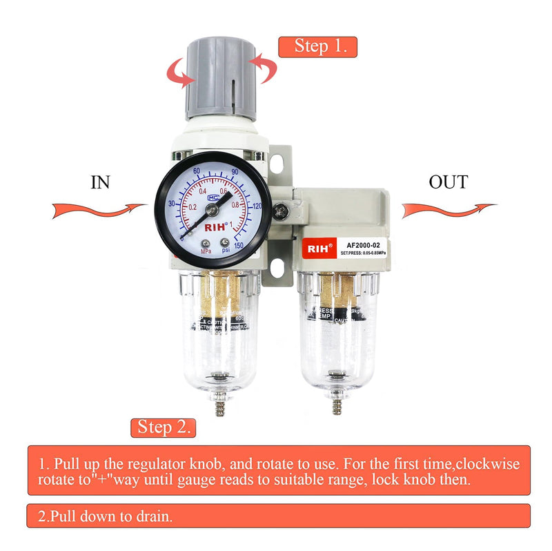 [Australia - AusPower] - RIH Air Dryer System -1/4" NPT Double Air Filters-5 Micron Particulate Filter& Air Pressure Regulator - Gauge(0-150 psi), Semi-Auto Drain, Poly Bowl,Bracket - 3 in 1 Two Unit (1/4" NPT) 1/4" NPT 