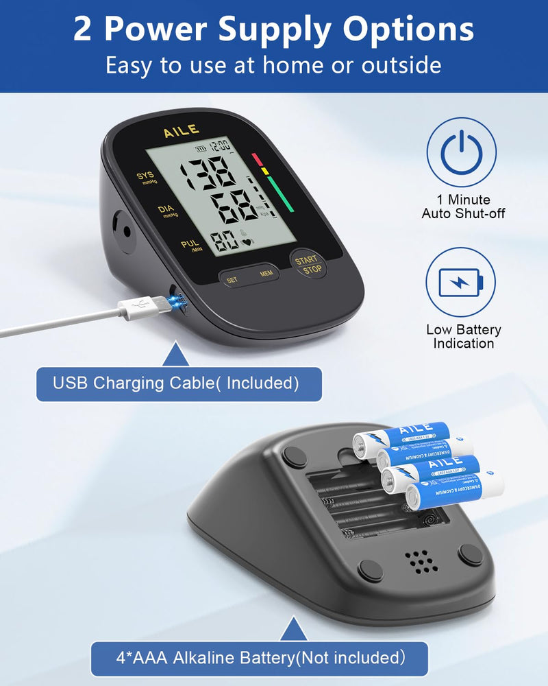 [Australia - AusPower] - Upper Arm Blood Pressure Machine - AILE High Blood Pressure Monitors for Home use with Adjustable Blood Pressure Cuff - Large LCD Screen,Dual Power Option X1 