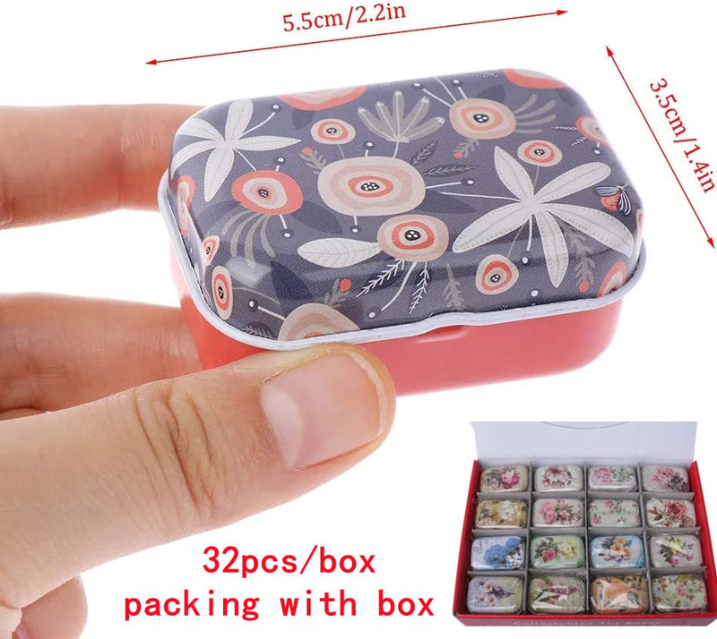 32Pcs Mini Flower Tin Trinket Jewelry Organizer Box Tinplate Storage Case with Lid Small Rectangular Bead Container for Storage of Small Items, Crafts, Christmas stocking stuffers(flower) Floral
