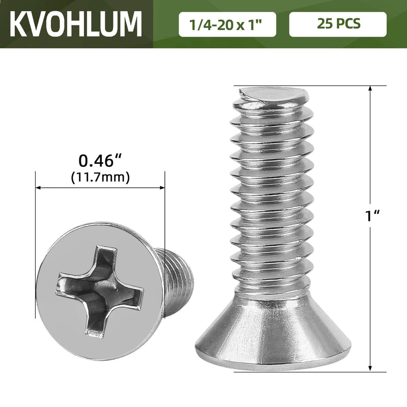[Australia - AusPower] - 25 PCS 1/4-20 x 1 Phillips Flat Head Machine Screws, Countersunk Head Machine Screw Bolts, 18-8 Stainless Steel (304), Full Thread, Bright Finish 1/4"-20 x 1" Silver 