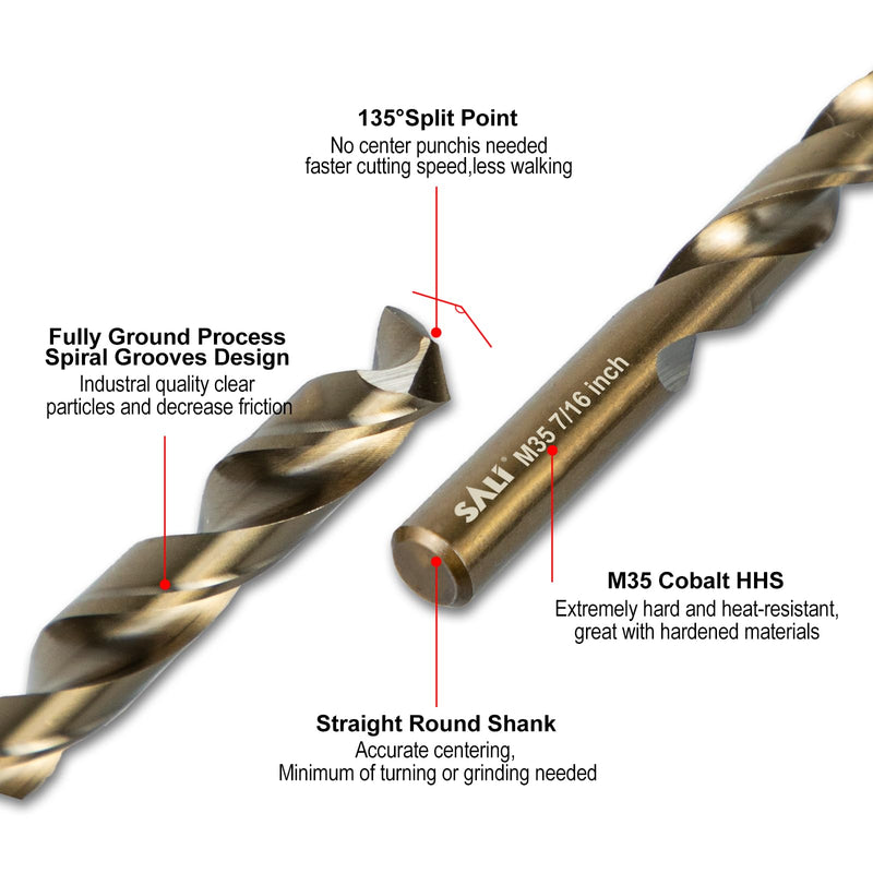 SALI Cobalt Drill Bit Set, 5Pcs 7/16" M35 High Speed Steel Jobber Length Drill Bit Kit for Hardened Metal, Stainless Steel, Cast Iron, Wood and Plastic, with Index Storage Case 7/16 Inch 5