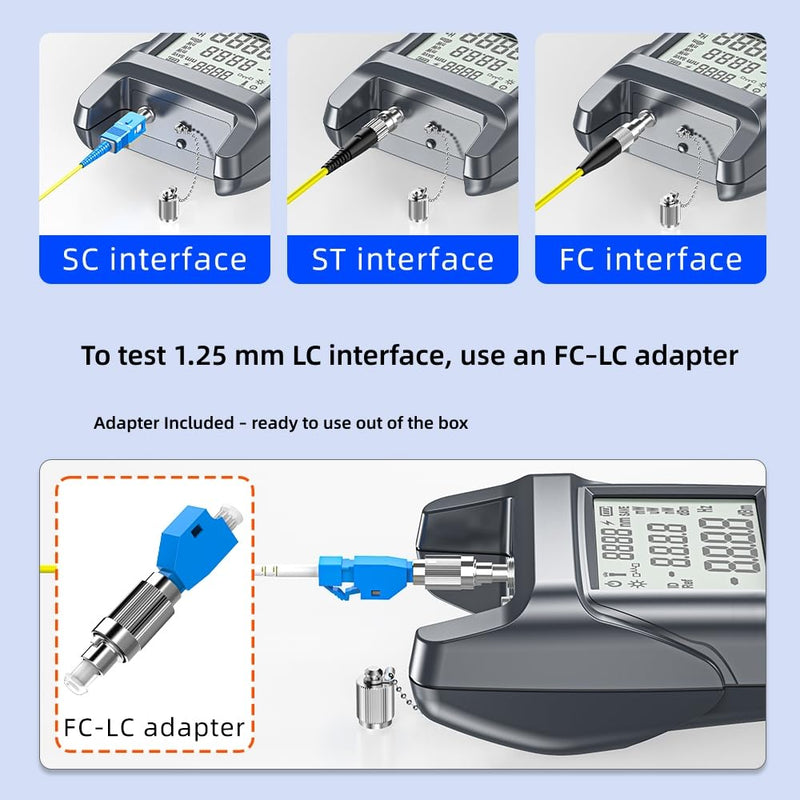 Fiber Optic Cable Tester & Power Meter - Portable Optical Light Meter with FC/SC/ST/LC Interfaces, (-70) dBm to (+10) dBm Range, 10 Wavelengths, LED Display - for Network Installation & Maintenance