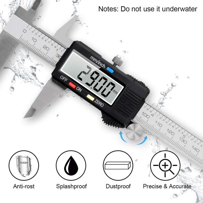 [Australia - AusPower] - Caliper Measuring Tool, Qfun Vernier Digital Caliper Stainless Steel 6 Inch/150mm, Digital Micrometer Waterproof, Easy Switch from Inch to Millimeter, Large LCD Screen IP54-Black 