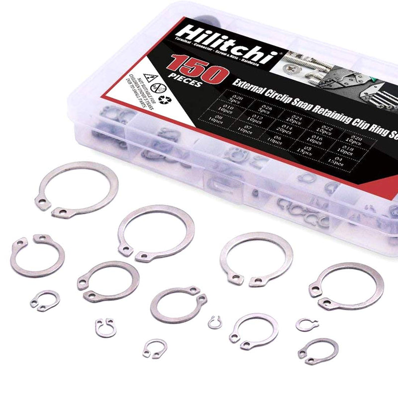 Hilitchi 150-Pcs 304 Stainless Steel External Circlip Snap Retaining Clip Ring Assortment Set - Size: 4mm to 28mm Silver