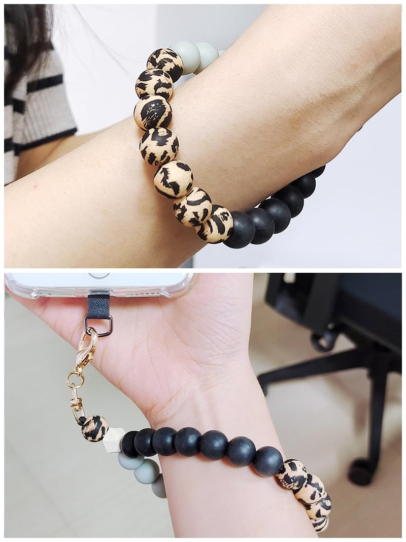 [Australia - AusPower] - Marble Silicone Beaded Phone Wrist Strap, Cellphone Lanyard with Tether Tab, Elastic Hands-Free Wristlet Bracelet Leopard Print 