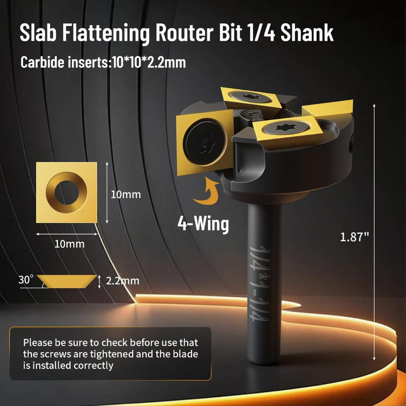 Slab Flattening Router Bit 1/4" Shank, 1-1/4" Cutting Diameter, 2+2 Titanium-Coated Flutes, Carbide Inserts for CNC Spoilboard Surfacing Planing and MDF Surfacing for Slab Leveler, Rabbeting 1/4" Shank, 1-1/4" Cutting Diameter,2+2 Wings
