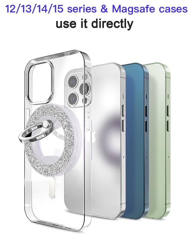 [Australia - AusPower] - Magnetic Phone Ring Holder for magsafe, Glitter Magnetic Grip Compatible with iPhone 15 14 13 12 Pro max,Pro,Plus,Mini Mag Safe Accessories,Adjustable Kickstand Wireless Charging,Silver Glitter Silver 