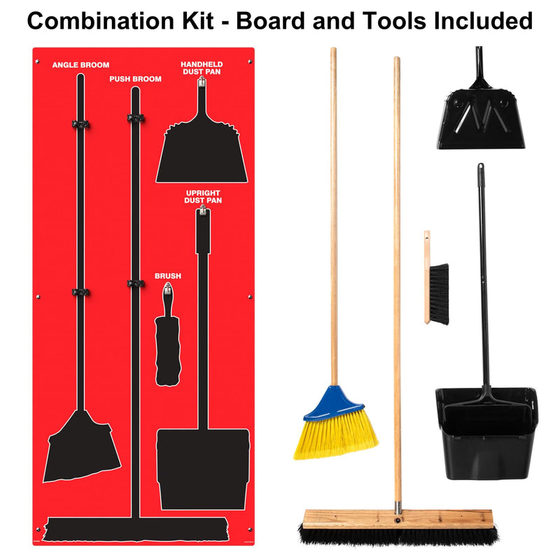 Clean & Sweep 5S Shadow Board/Wall Mount Broom Holder, 68" x 30" Board, 5S Cleaning Station - with Broom and Dustpan Set Included, Made in The USA by AccuformNMC, Red/Black, PSB616RDBK