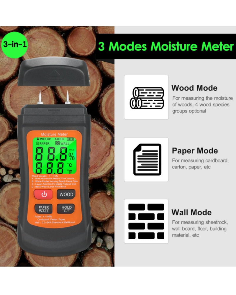 [Australia - AusPower] - Moisture Meter for Wood, Wall, Paper, with Backlight LCD Display, 7 Modes, Pin-Type Water Leak Detector 