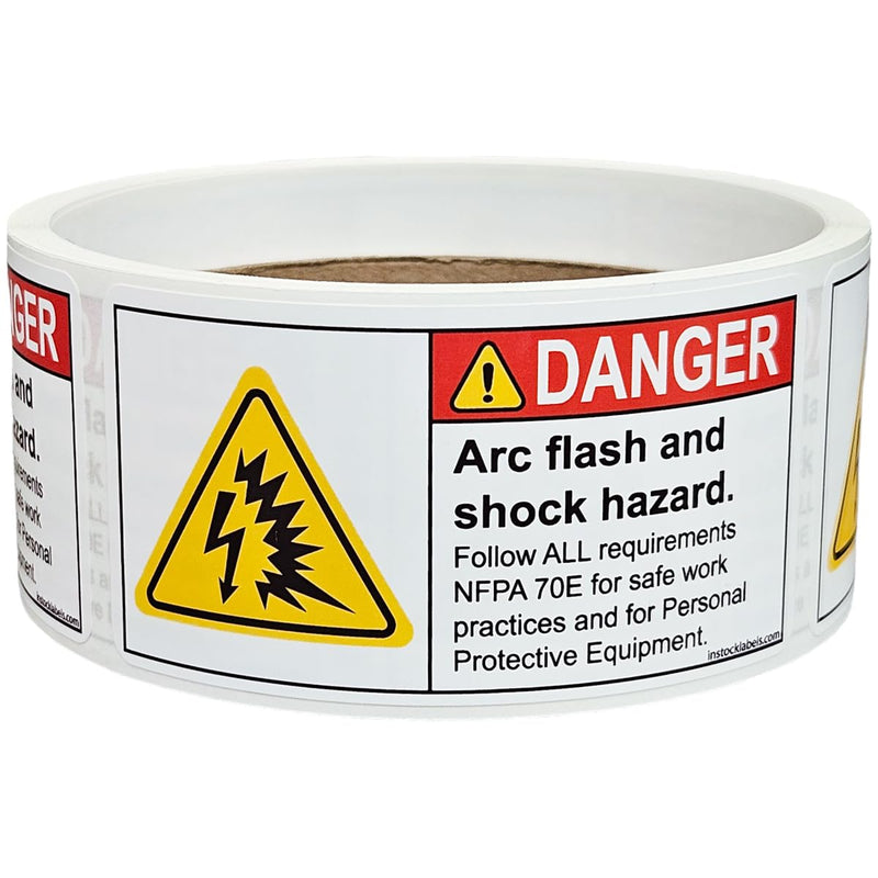 Arc Flash and Shock Hazard ANSI Danger Labels, NFPA 70E Warning Stickers - 1.5 x 3 Inch Safety Labels for Factories & Warehouses, Semi-Gloss Paper with Permanent Adhesive, 100 per Roll
