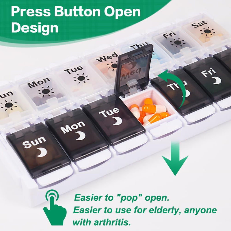 [Australia - AusPower] - Shintop Pill Organizer 2 Times a Day, Easy Fill Weekly Pill Box Am Pm Push Button Pill Container 7 Day Medicine Organizer for Vitamins Supplements ?Black&White? Black&white 