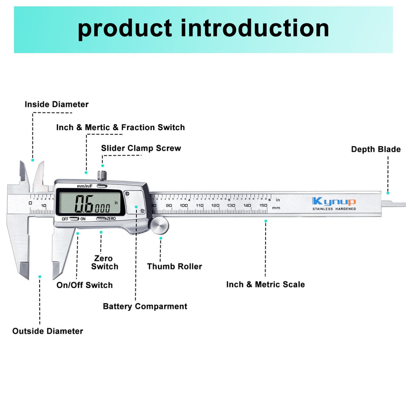 [Australia - AusPower] - Kynup Digital Vernier Calliper, 150 mm Calliper Digital Stainless Steel, Electronic Caliper Measuring Tools, Fully Off, LCD Display for Household and Industrial Measuring Gauge silver 150mm 