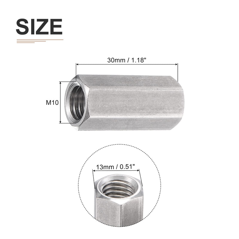 [Australia - AusPower] - M10x1.5mmx30mm(DxPxH) Hex Coupling Nuts - 5Pack - Good for Home Garage Repairs - 304 Stainless Steel Polishing Rod Coupling Nuts - Silver Tone M10x1.5mmx30mm 5 