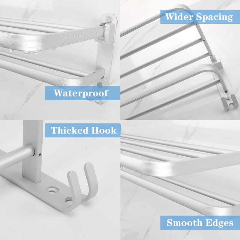 Towel Rack for Bathroom, Bath Towel Holder with Double Towel Bar and Fold-able Towel Shelf, Rustproof Towel Organizer Wall Mounted Towel Storage Hanger for Bath/Balcony/Lavatory(24In Sliver) 24 IN+3 Hook