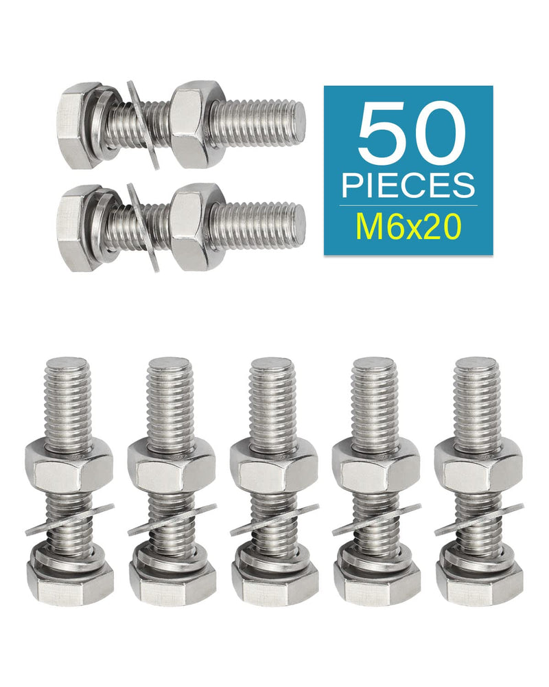[Australia - AusPower] - 50Pcs M6 x 20mm Hex Bolt and Nut Screws Assortment with Washers Stainless Steel 304 Hexagon Head Screw Bolt Kit| by IMSCREWS 