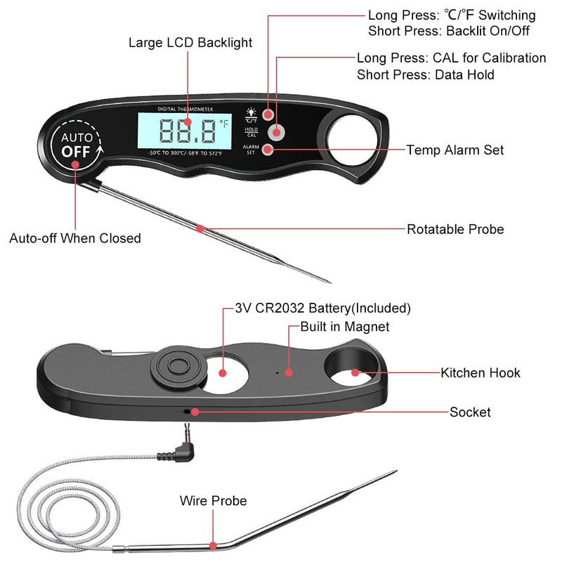 [Australia - AusPower] - CIRYCASE Digital Meat Thermometer, Instant Read Roasting Thermometer, Grill Thermometer, External Probe with 2 Long Probes & Magnet, Alarm Function, Thermometer Pointer Thermometer for Kitchen, BBQ 