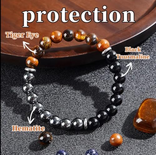Triple Protection Healing Crystal Beaded Bracelet – Tiger Eye, Black Tourmaline & Hematite Natural Stone Jewelry – Strength & Positive Energy Gift for Men & Women – Christmas & Anniversary