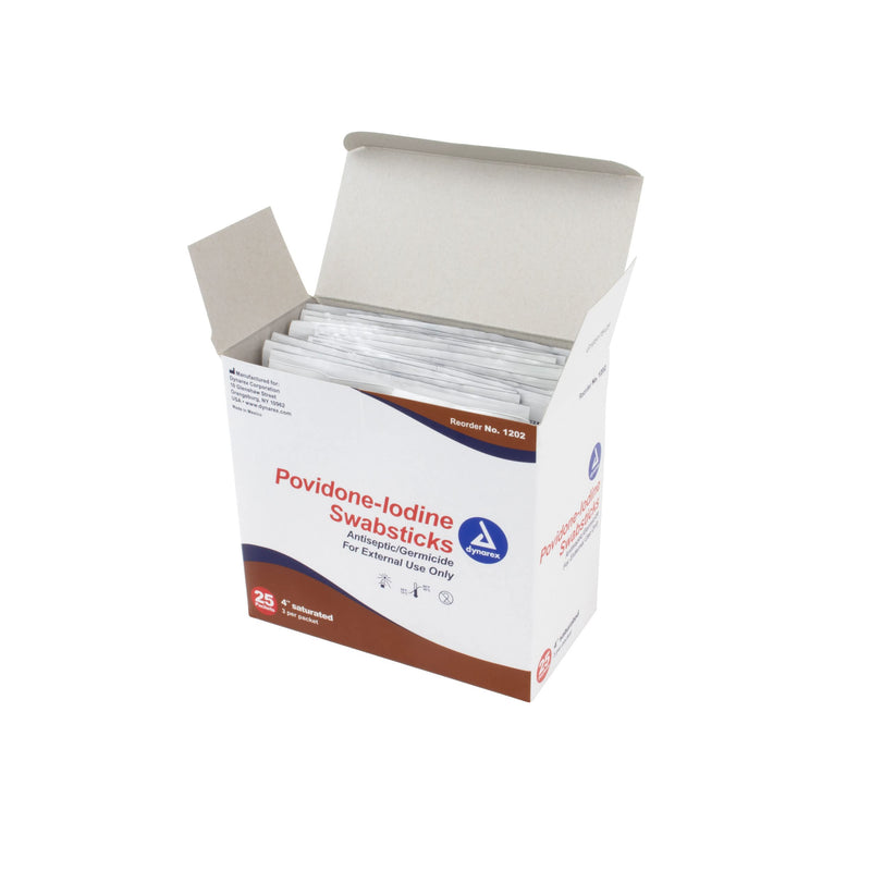 [Australia - AusPower] - Dynarex Povidone Iodine Swabsticks, Convenient Antiseptic to Ensure Skin Preparation, Brown, 1 Box of 25 Foil Packets, 3 Swabsticks Per Foil Packet 