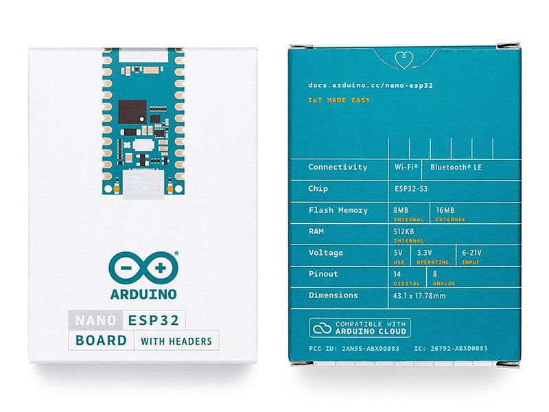 Arduino Nano ESP32 with Headers [ABX00083] - Compact Board with ESP32 Microcontroller, WLAN and Bluetooth, Ideal for IoT Projects, Automation and Connected Applications with Arduino IDE. ABX00083