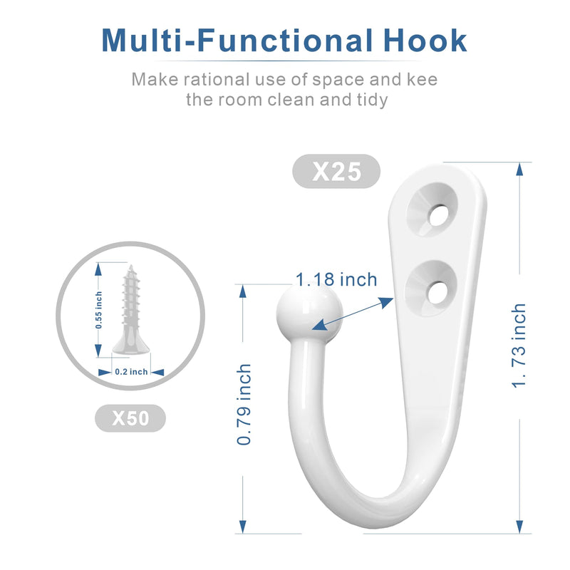 [Australia - AusPower] - 25PCS Wall hooks | hooks for hanging | wall hooks for hanging | coat hooks | hooks for hanging heavy duty | wall hangers with 50 Pieces Screws?White? 25PCS + White Hook 