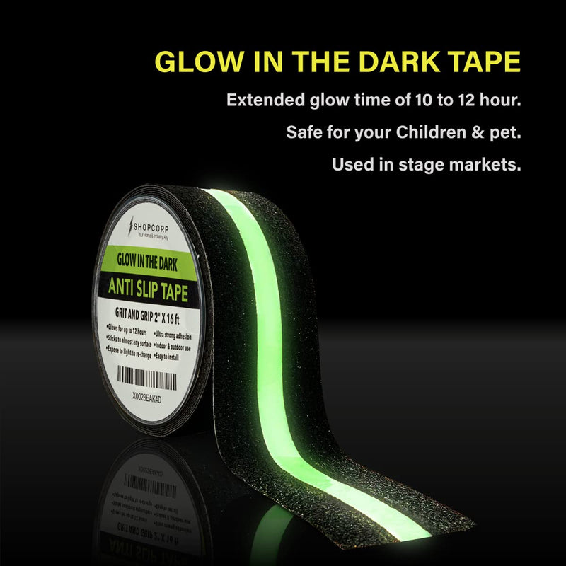 Electrodepot Anti Slip Glow in The Dark Traction Tape 2Inch x 16ft – Heavy Duty Adhesive Grip Non Skid Tape for Stairs Waterproof Safety - Outdoor/Indoor - Neon Strips Walk Black - 1 Pack