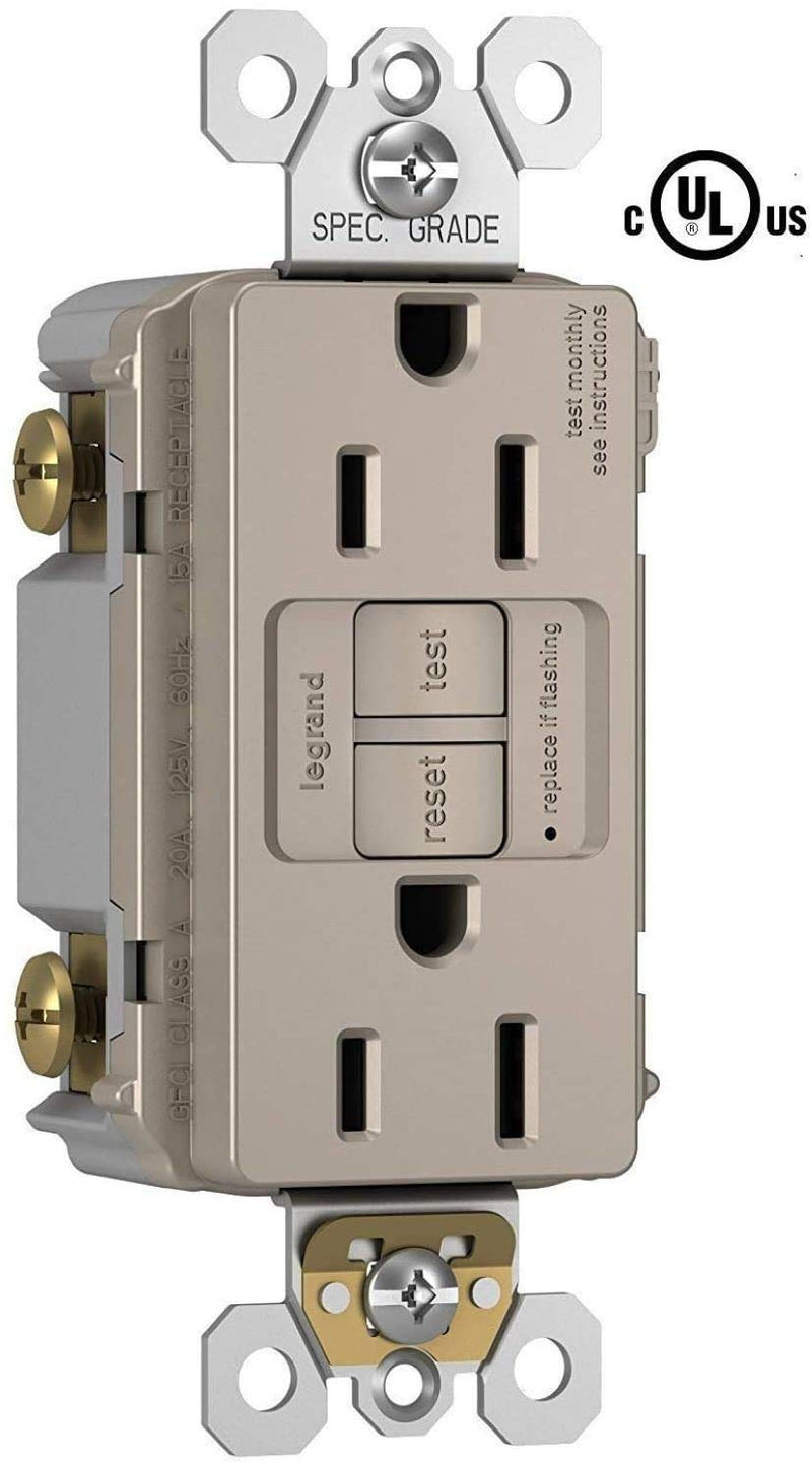 Legrand Radiant 15 Amp GFCI Self-Test Tamper Resistant Decorator Duplex Electrical Wall Power Outlet, with Matching Screwless Wall Plate, 1597TRWPNI, Nickel, 1 Count