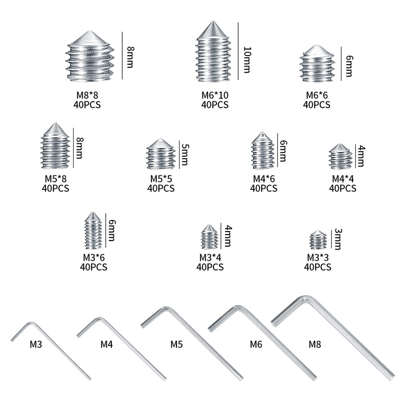 [Australia - AusPower] - 400 Pcs Set Screw Assortment Kit, Hex Allen Head Socket Cup Point Screws Set, Metric M3/M4/M5/M6/M8 nternal Hex Drive Grub Set Screws for Door Handles, Bathroom Fixture, with Hex Wrenches 