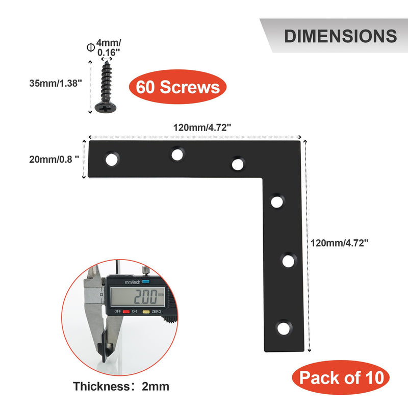 SAYAYO L Brace, 120x120mm / 5" x 5" Metal L Mending Plate L Flat Plate Bracket Stainless Steel Right Angle Corner Brace for Wood Matte Black (10 PCS ) 120x120mm-10pcs L Shape