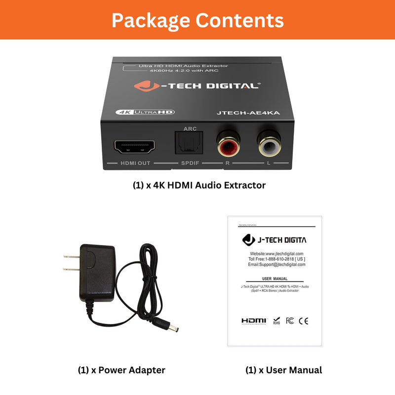 [Australia - AusPower] - J-Tech Digital 4K@60Hz HDMI Audio Extractor with ARC, HDMI to RCA & Optical Converter, Dolby Digital/DTS Stereo Support for TV, Gaming Consoles, Blu-ray, Laptop [JTECH-AE4KA] 