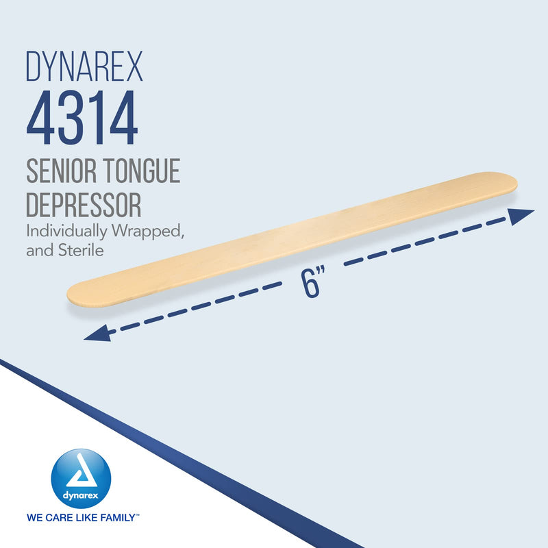 [Australia - AusPower] - Dynarex Tongue Depressors, Sterile, 6" Senior-Sized Length, Made from Beige Birch Wood, Comes in Peel-Down Patches, 1 Box of 100 100 Count (Pack of 1) 
