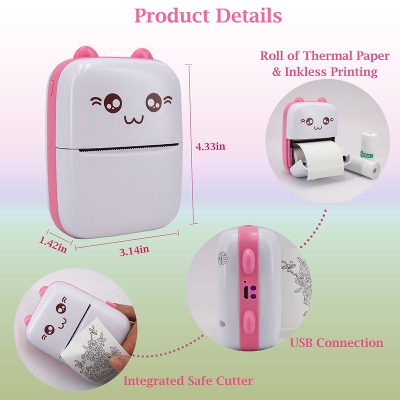 [Australia - AusPower] - Mini Pocket Printer, Portable Thermal Printer with 8 Rolls Printing Paper, Bluetooth Wireless Tiny Printer for Photos/Stickers/Labels/Notes/Receipts, Compatible with iOS and Android, Pink 