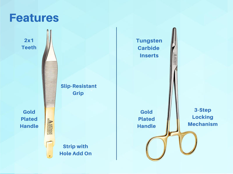 [Australia - AusPower] - Bundle of Mayo Hegar Needle Holder 6" Gold Plated Handle with Tungsten Carbide Inserts & Adson Forceps Kocher with Skin Stopper at The Back 4.75" Straight Fine Point 1X2 Teeth by Artman Instruments 