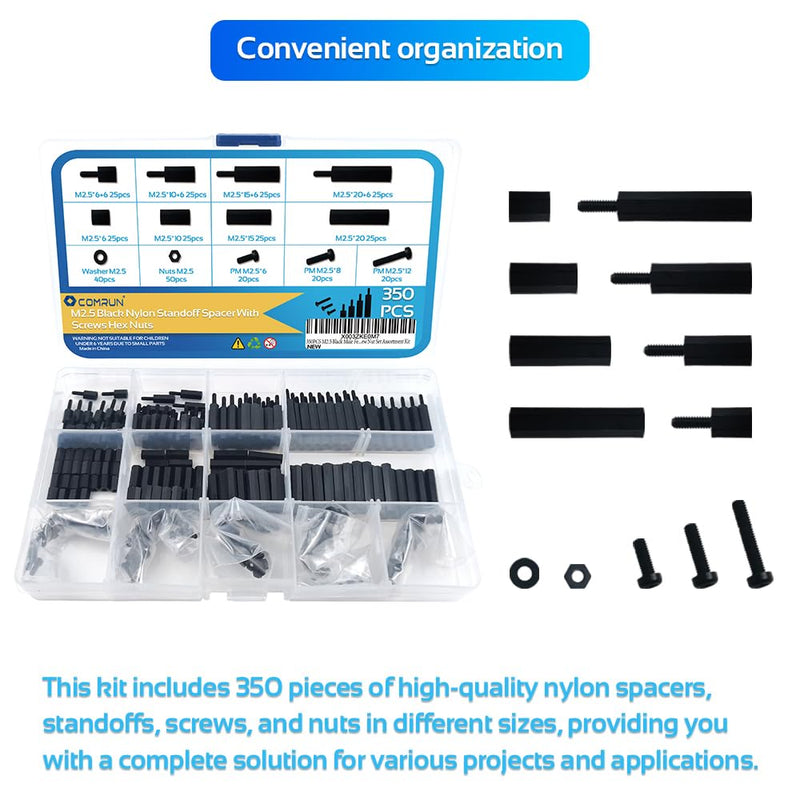 [Australia - AusPower] - 350PCS M2.5 Black Male Female Nylon Hex Spacer Standoff Screw Nut Set Assortment Kit (Black) for PCB Motherboard Circuit Board 350Pcs M2.5 
