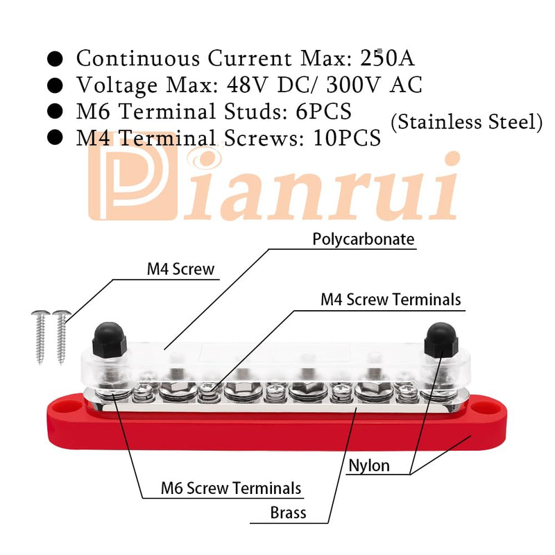 [Australia - AusPower] - 12V Bus Bar 250A Power Distribution Block Busbar 6 x 1/4" Studs 10 x #8 Screw Terminals for Marine, Automotive, and Solar Wiring (Pair, Red & Black) 