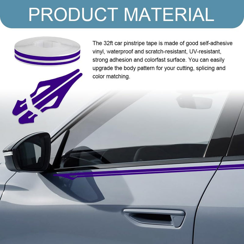 32Ft Car Pinstriping Tape, Pinstripe Body Sticker, Vinyl Automotive Pinstriping Tape Stripe Decal, Auto DIY Body Side Stripes Trim Sticker for Auto Motorcycle Home (Purple) Purple
